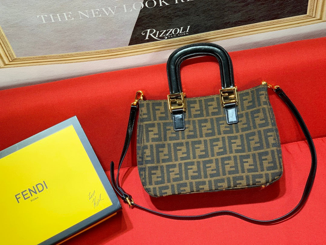 Fendi Sunshine Shopper Mini Canvas Tote Bag with FF Motif Brown/Gold
