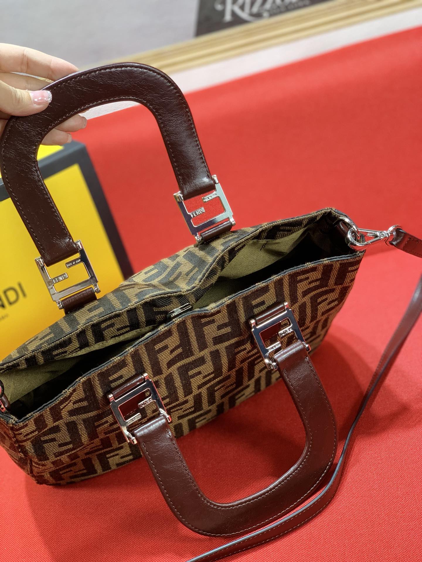 Fendi Zucca Monogram Canvas Handbag with Shoulder Strap and Original Box