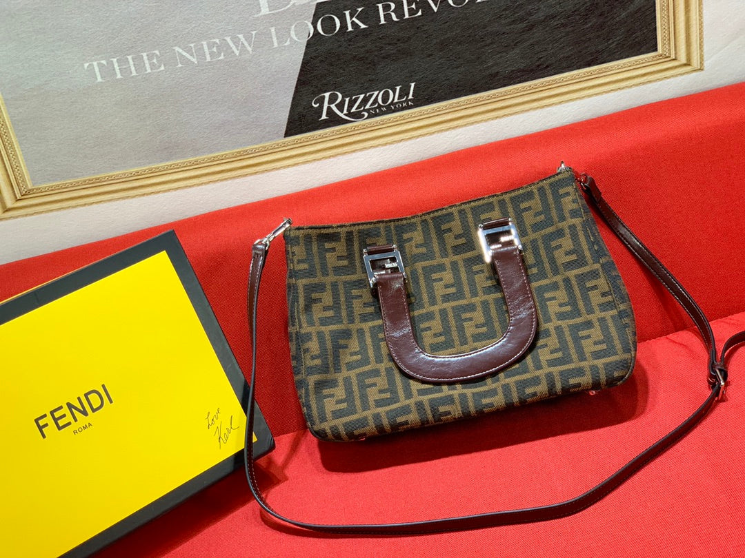 Fendi Zucca Monogram Canvas Handbag with Shoulder Strap and Original Box