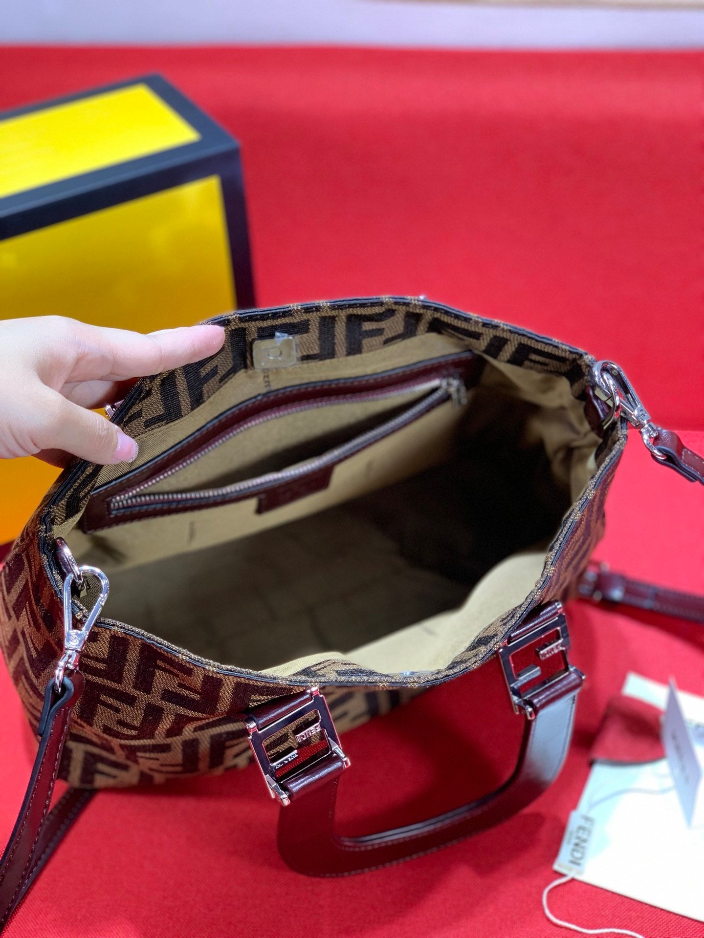 Fendi Zucca Monogram Canvas Handbag with Shoulder Strap and Original Box