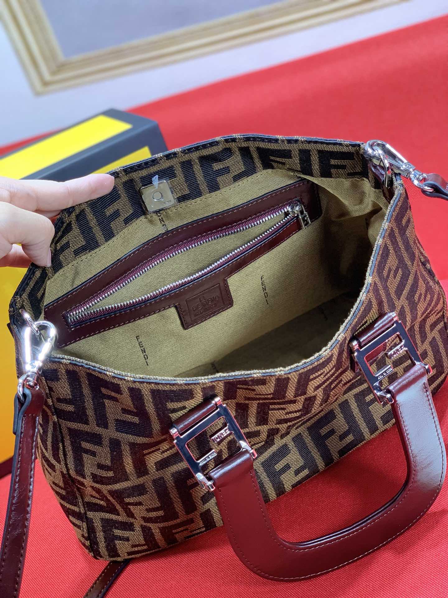 Fendi Zucca Monogram Canvas Handbag with Shoulder Strap and Original Box
