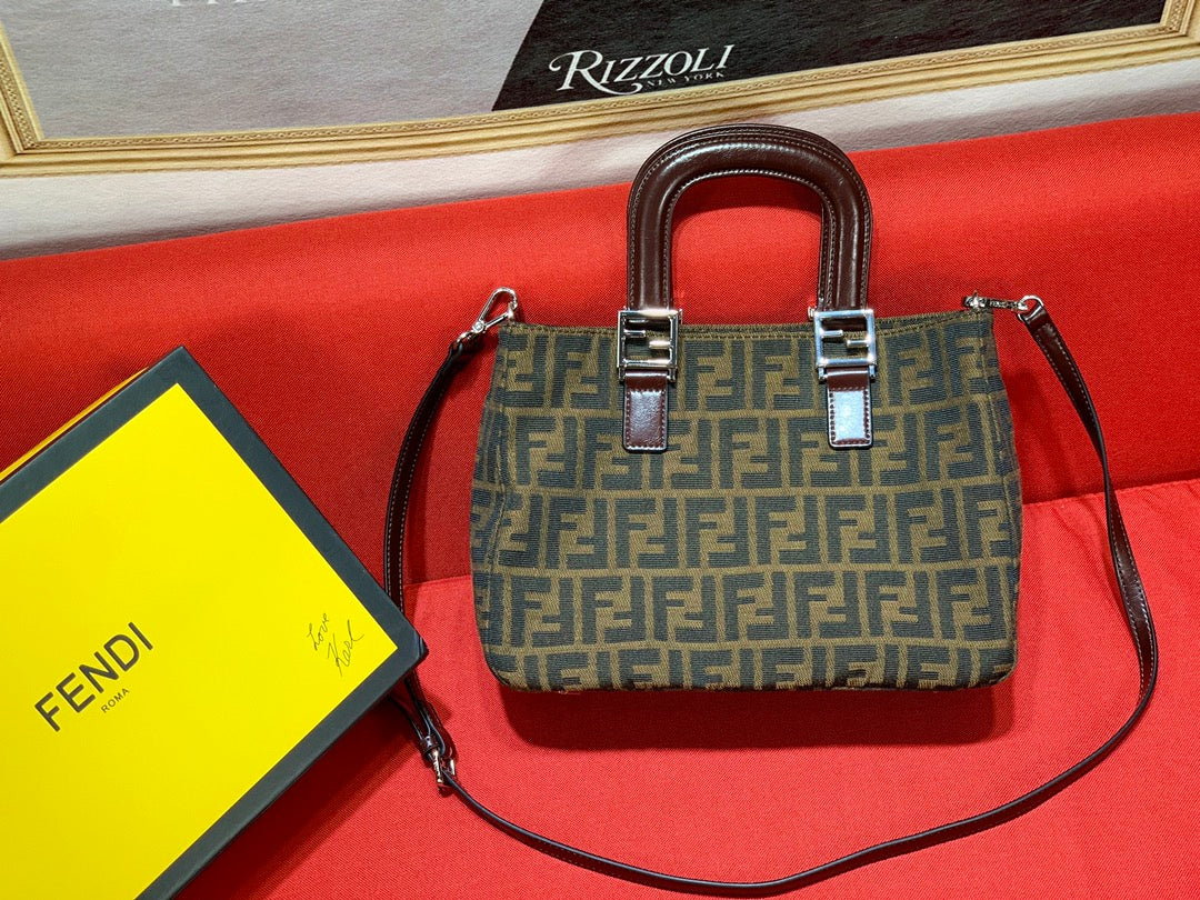 Fendi FF Monogram Canvas Mini Tote Bag with Detachable Shoulder Strap - Brown