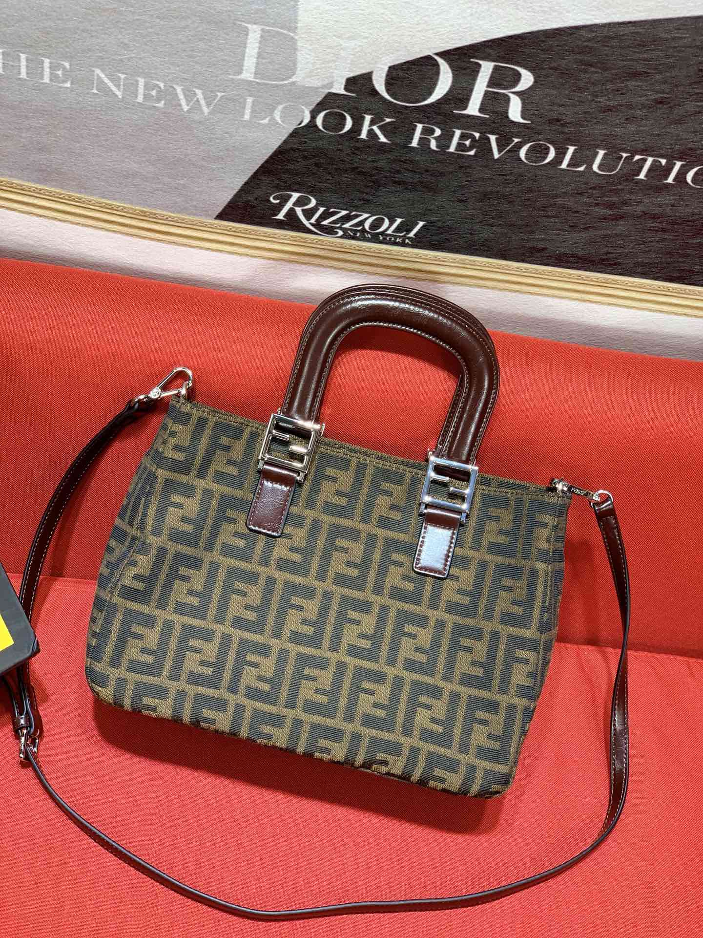 Fendi Zucca Monogram Canvas Handbag with Shoulder Strap and Original Box