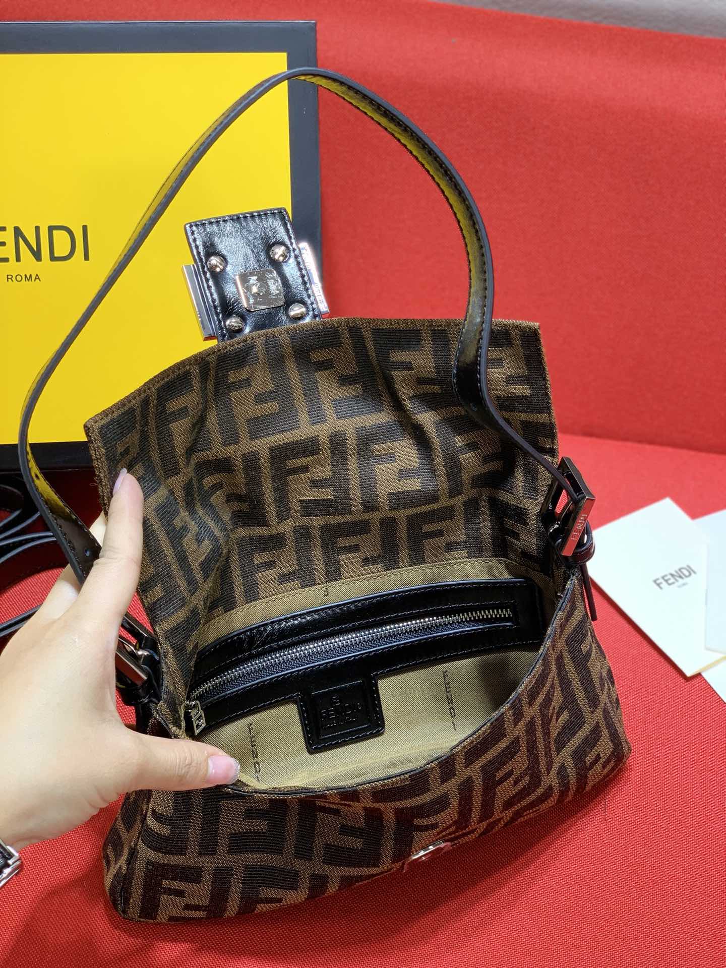 Fendi Baguette Zucca Monogram Canvas Shoulder Bag - Brown/Tobacco