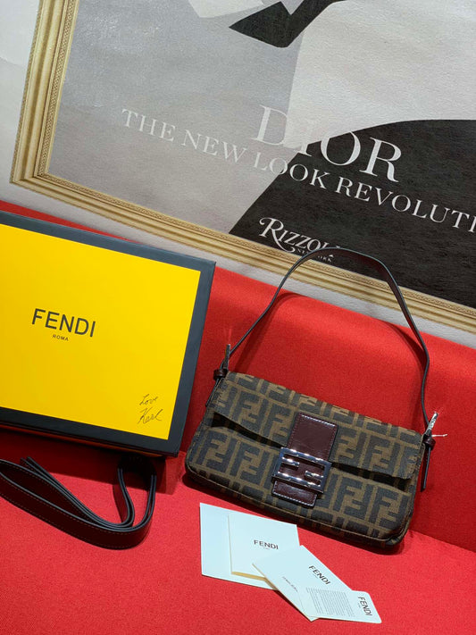 Fendi Brown Zucca Canvas Baguette Shoulder Bag with FF Buckle
