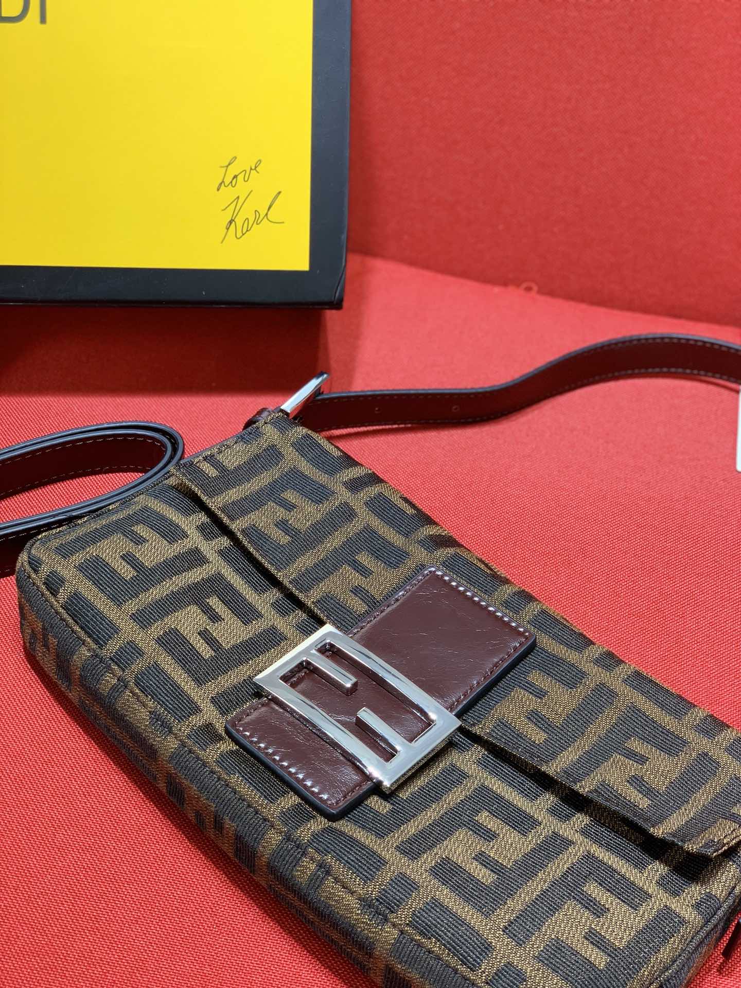 Fendi Brown Zucca Canvas Baguette Bag with Logo Clasp