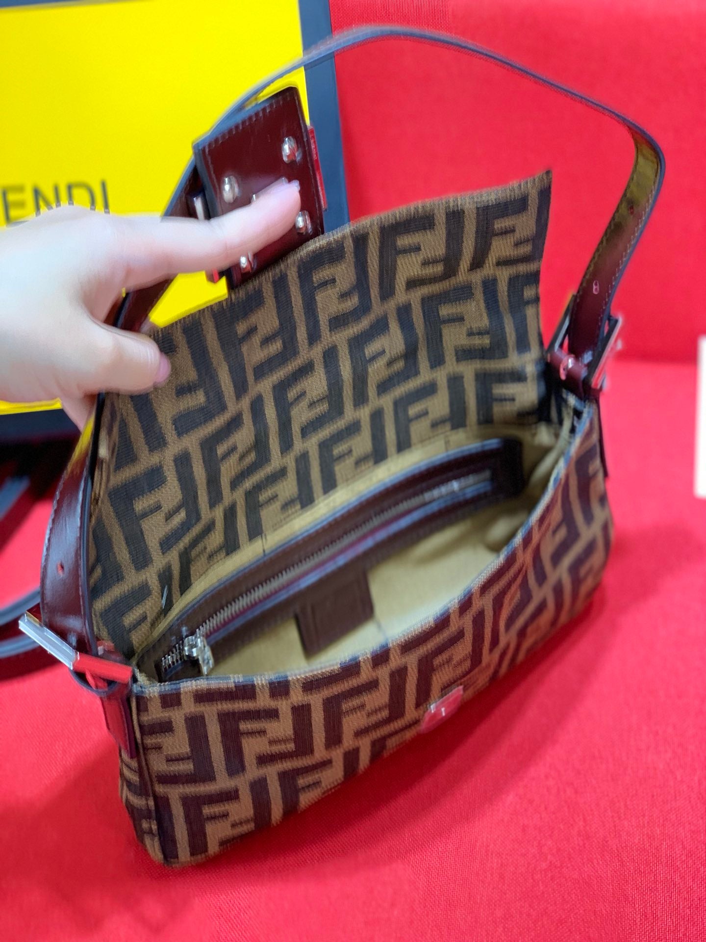 Fendi Brown Zucca Canvas Baguette Shoulder Bag with FF Buckle