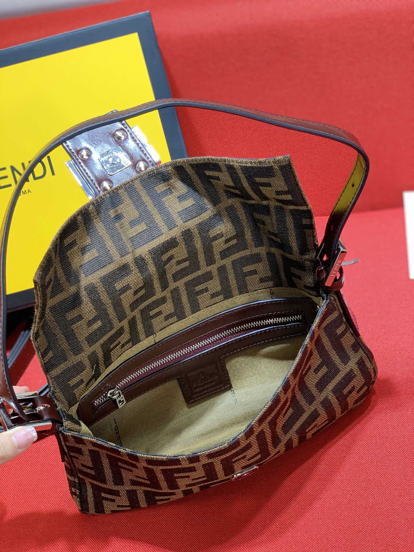Fendi Brown Zucca Canvas Baguette Bag with Logo Clasp