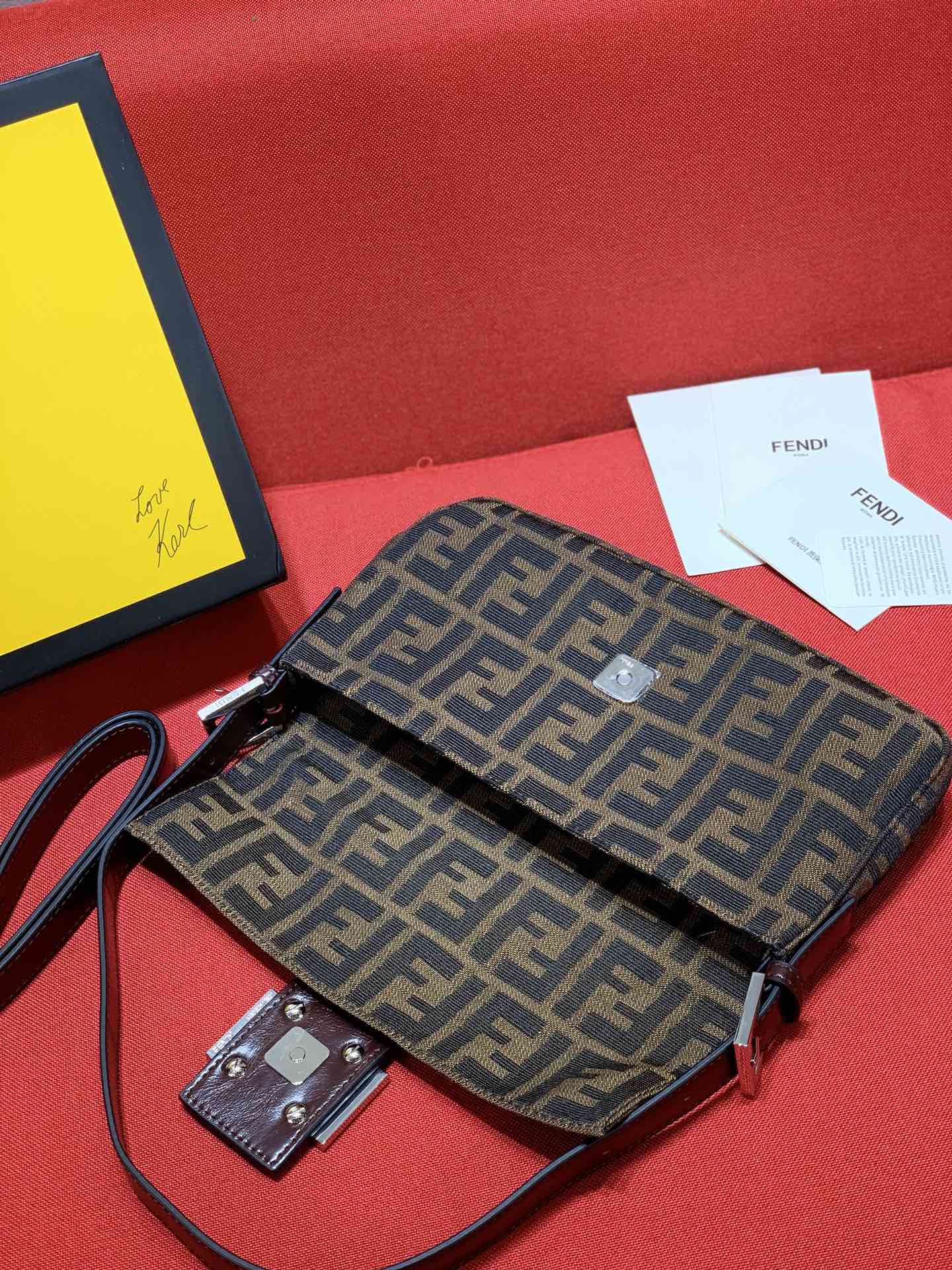 Fendi Brown Zucca Canvas Baguette Bag with Logo Clasp
