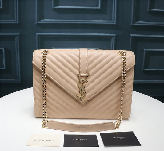 Saint Laurent Large Monogram Envelope Shoulder Bag in Quilted Grain de Poudre Embossed Leather - Beige/Nude
