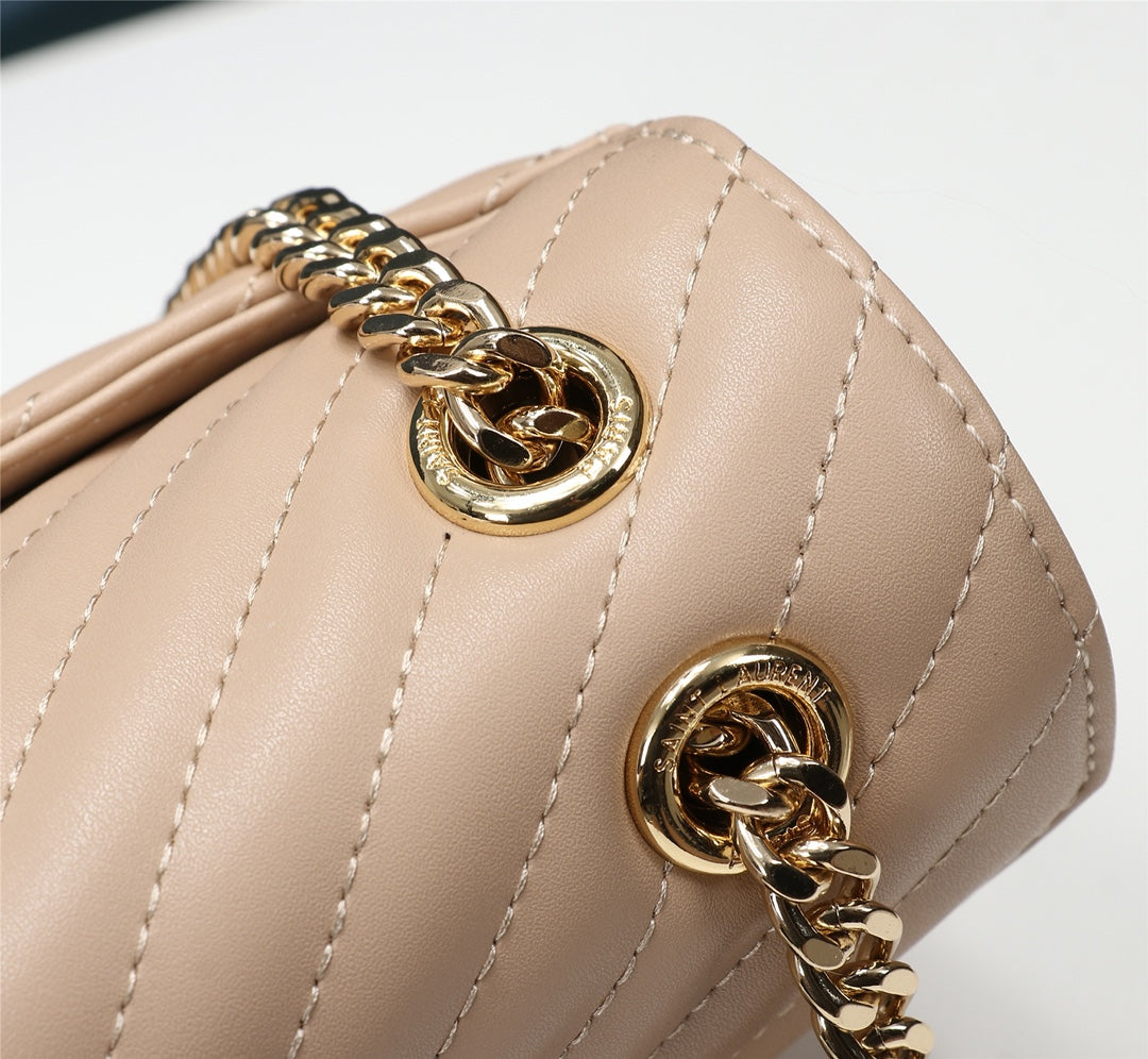 Saint Laurent Large Monogram Envelope Shoulder Bag in Quilted Grain de Poudre Embossed Leather - Beige/Nude