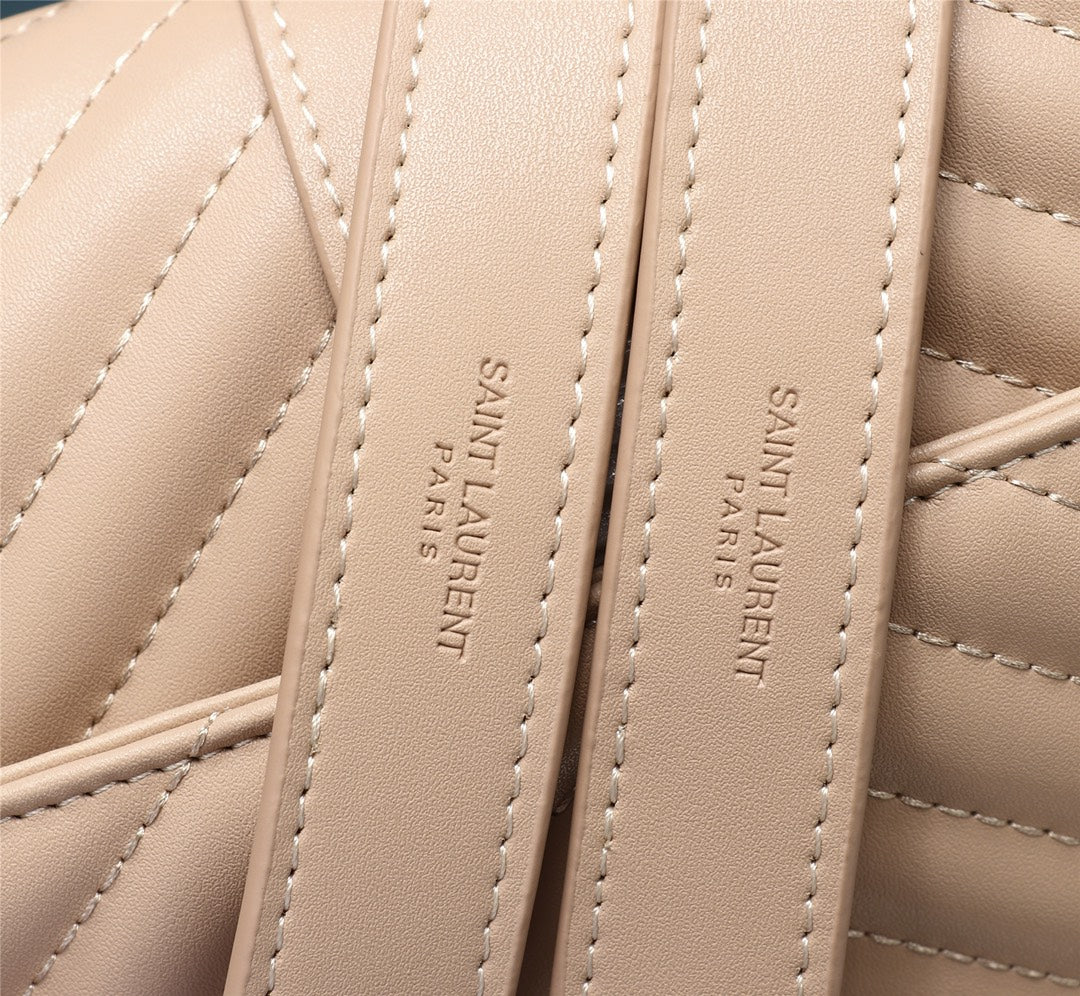 Saint Laurent Large Monogram Envelope Shoulder Bag in Quilted Grain de Poudre Embossed Leather - Beige/Nude