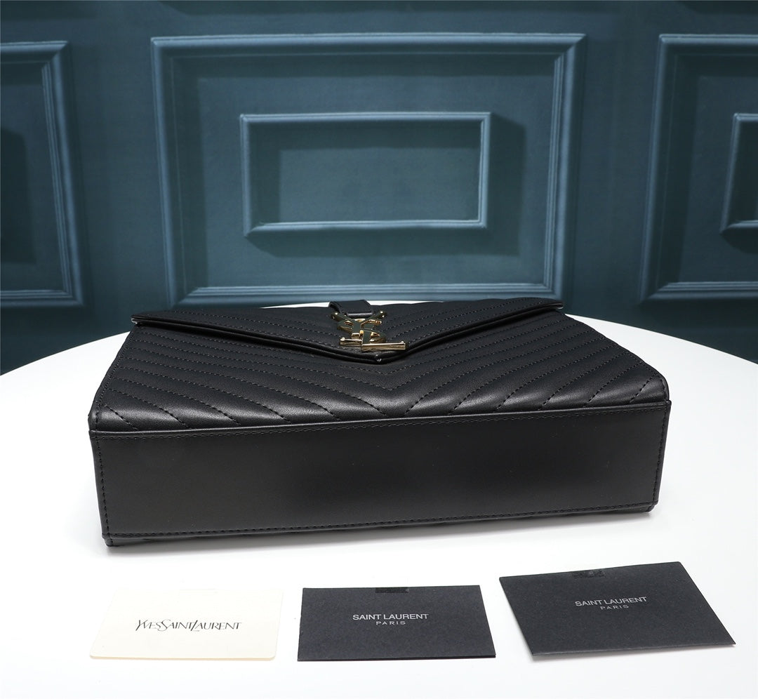 Saint Laurent Large Monogram Envelope Bag in Quilted Grain de Poudre Leather - Black with Gold Hardware