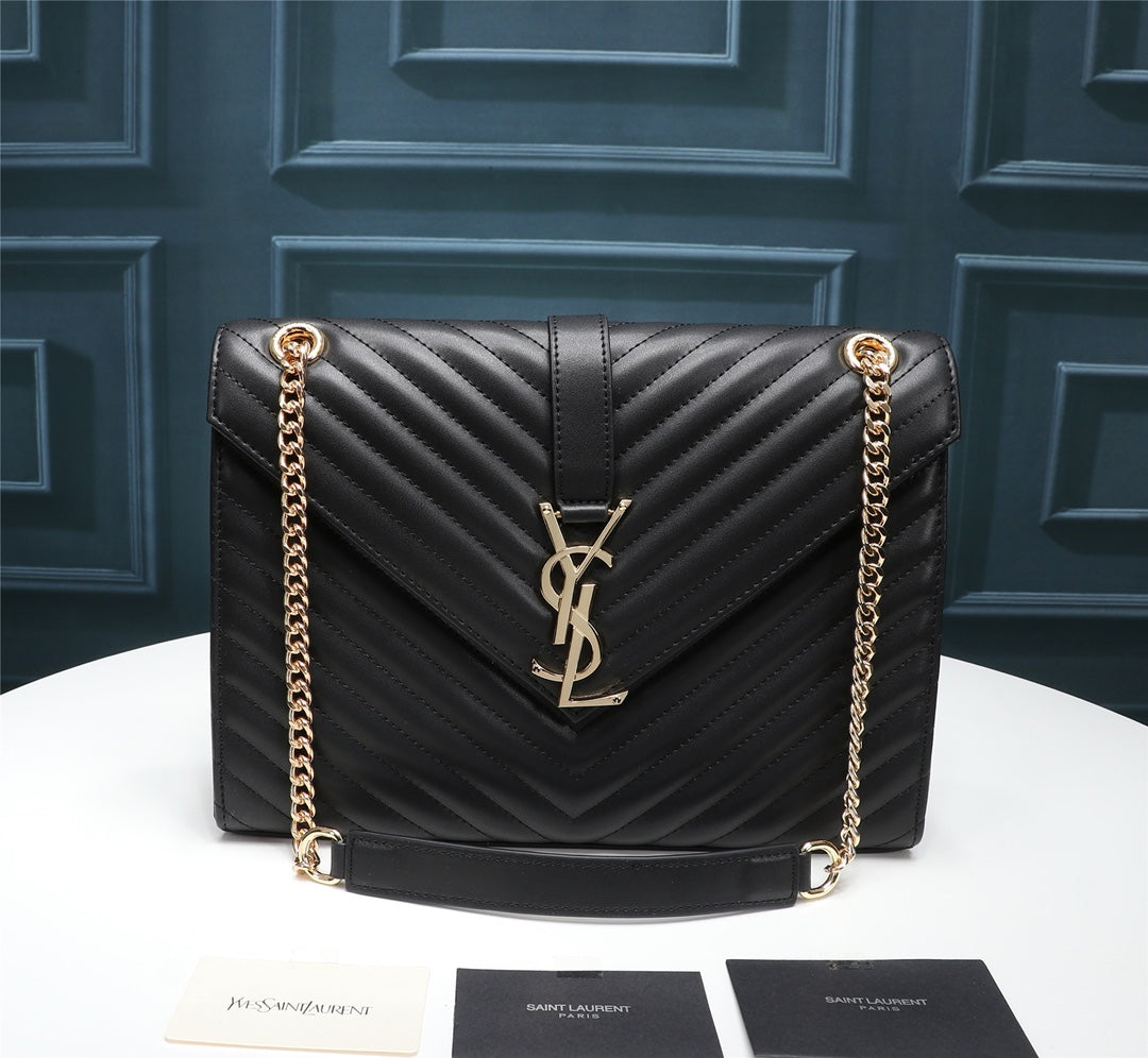 Saint Laurent Large Monogram Envelope Bag in Quilted Grain de Poudre Leather - Black with Gold Hardware