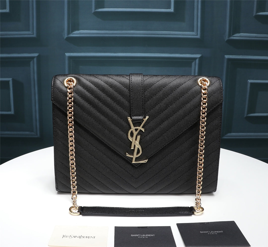 Saint Laurent Large Envelope Bag in Mix Matelassé Grain de Poudre Embossed Leather - Black