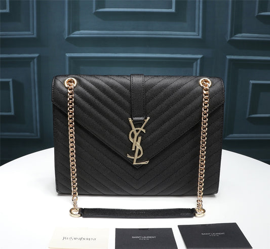 Saint Laurent Large Envelope Bag in Mix Matelassé Grain de Poudre Embossed Leather - Black