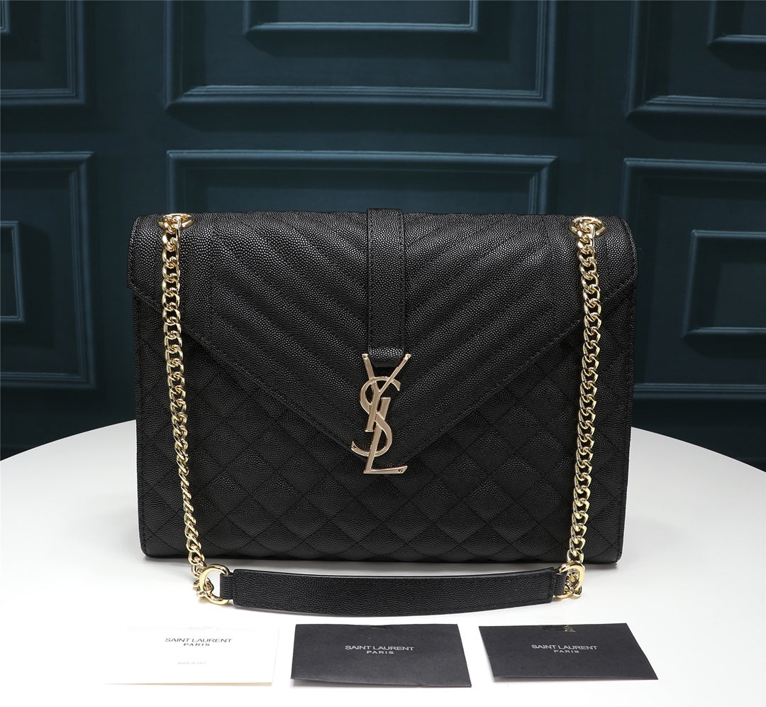 Saint Laurent Envelope Medium Bag in Mix Matelassé Black Grain de Poudre Leather