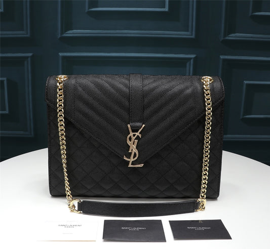 Saint Laurent Envelope Medium Bag in Mix Matelassé Black Grain de Poudre Leather