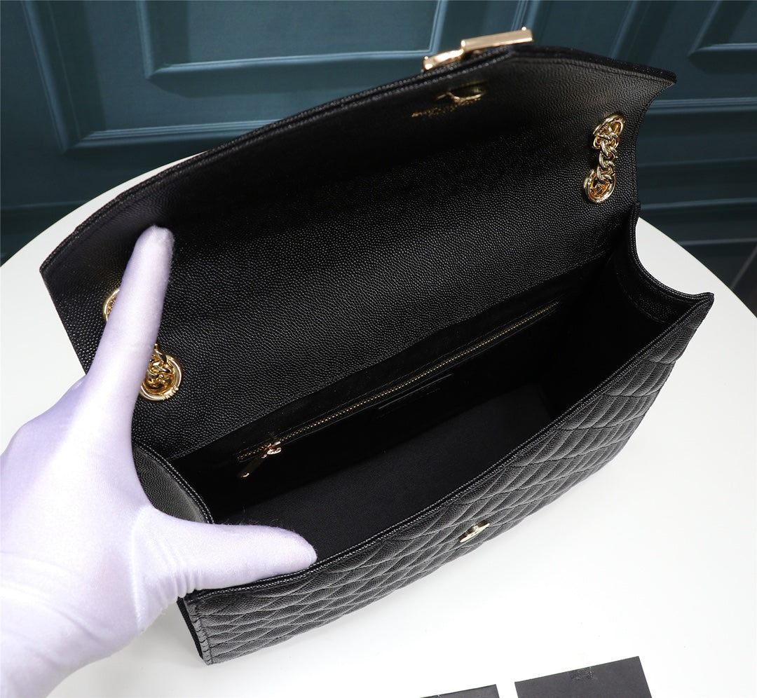 Saint Laurent Envelope Medium Bag in Mix Matelassé Black Grain de Poudre Leather