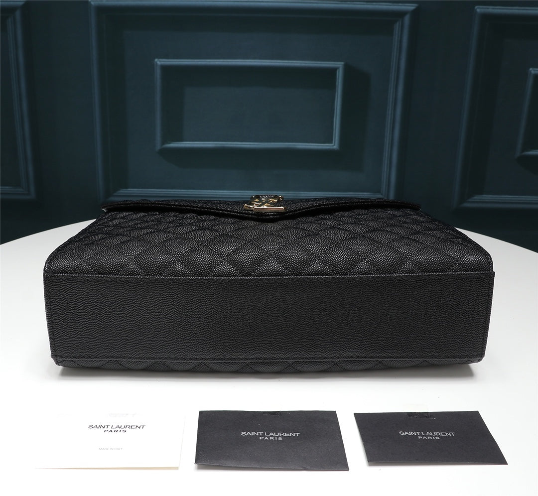 Saint Laurent Envelope Medium Bag in Mix Matelassé Black Grain de Poudre Leather
