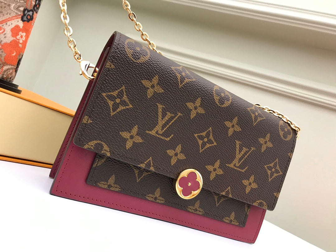 Louis Vuitton Brown Monogram Canvas Chain Clutch Bag with Pink Leather Trim