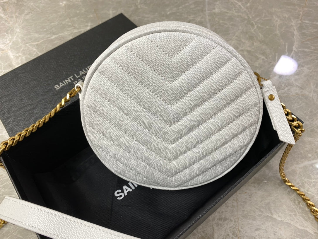 Saint Laurent Vinyle Round Camera Bag in Matelassé Grain de Poudre Embossed Leather White