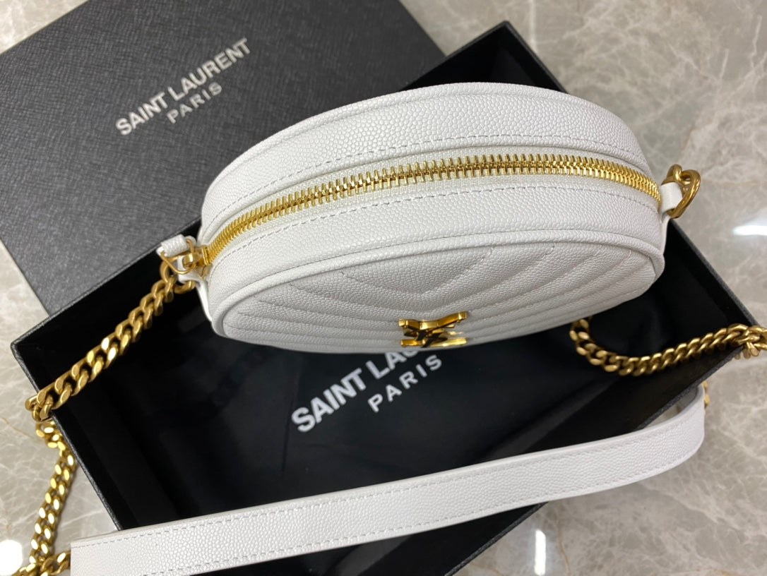 Saint Laurent Vinyle Round Camera Bag in Matelassé Grain de Poudre Embossed Leather White
