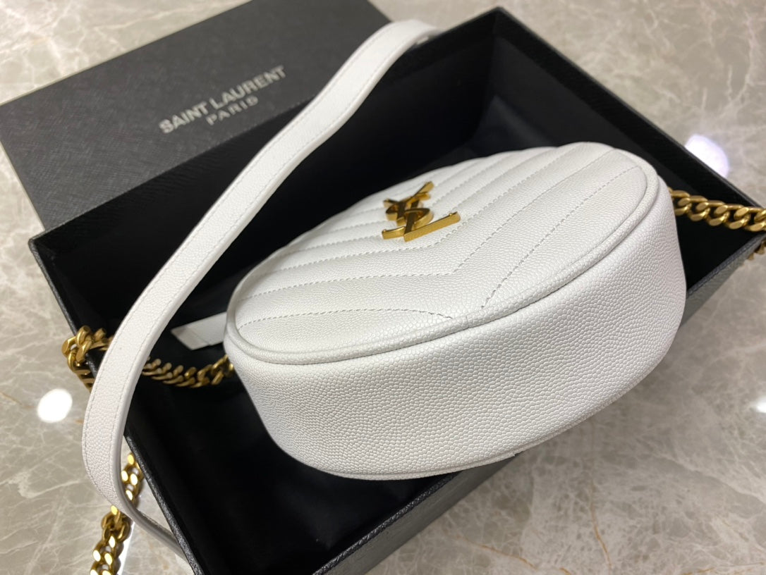 Saint Laurent Vinyle Round Camera Bag in Matelassé Grain de Poudre Embossed Leather White