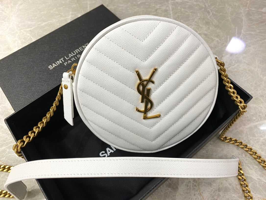 Saint Laurent Vinyle Round Camera Bag in Matelassé Grain de Poudre Embossed Leather White