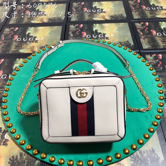 Gucci Ophidia Small Leather Shoulder Bag - White with Blue and Red Web