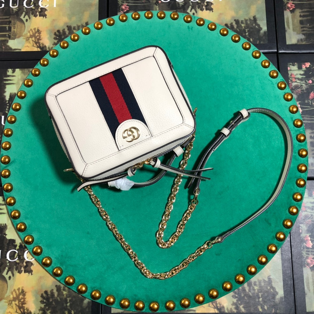 Gucci Classic White Leather Crossbody Bag with Red Blue Stripe and Gold Chain