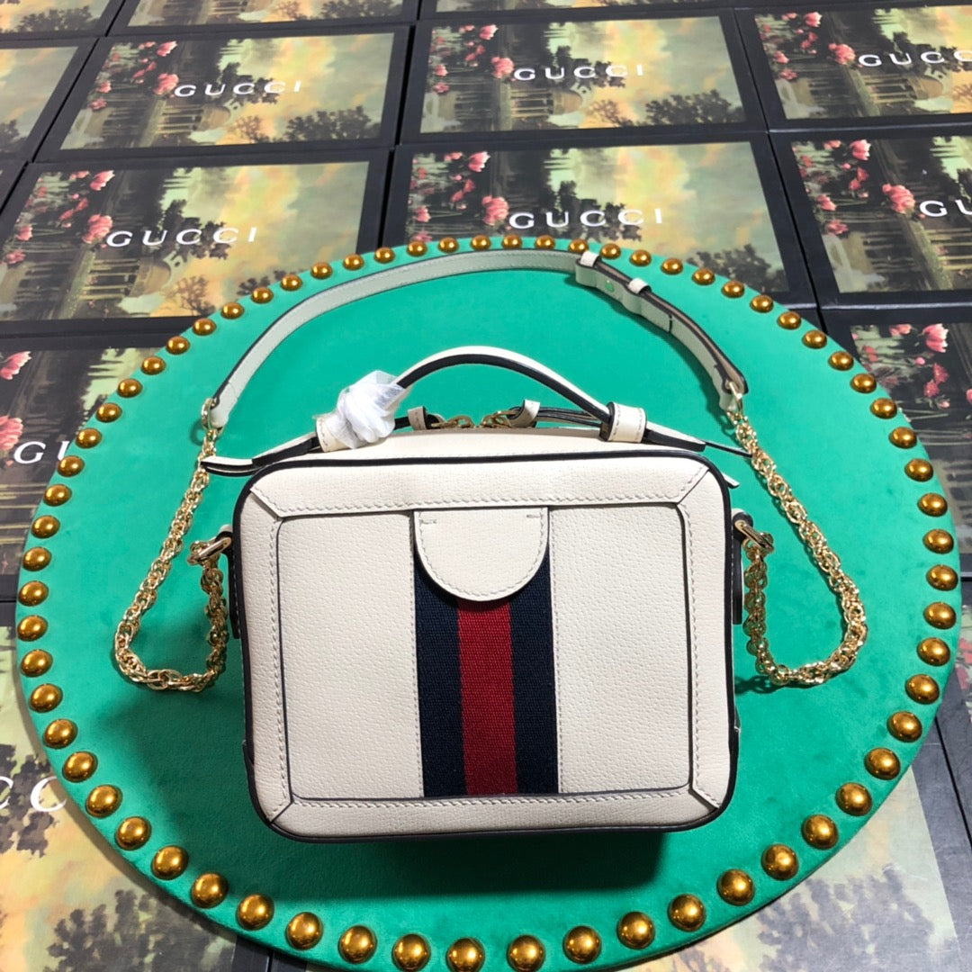 Gucci Ophidia Small Leather Shoulder Bag - White with Blue and Red Web