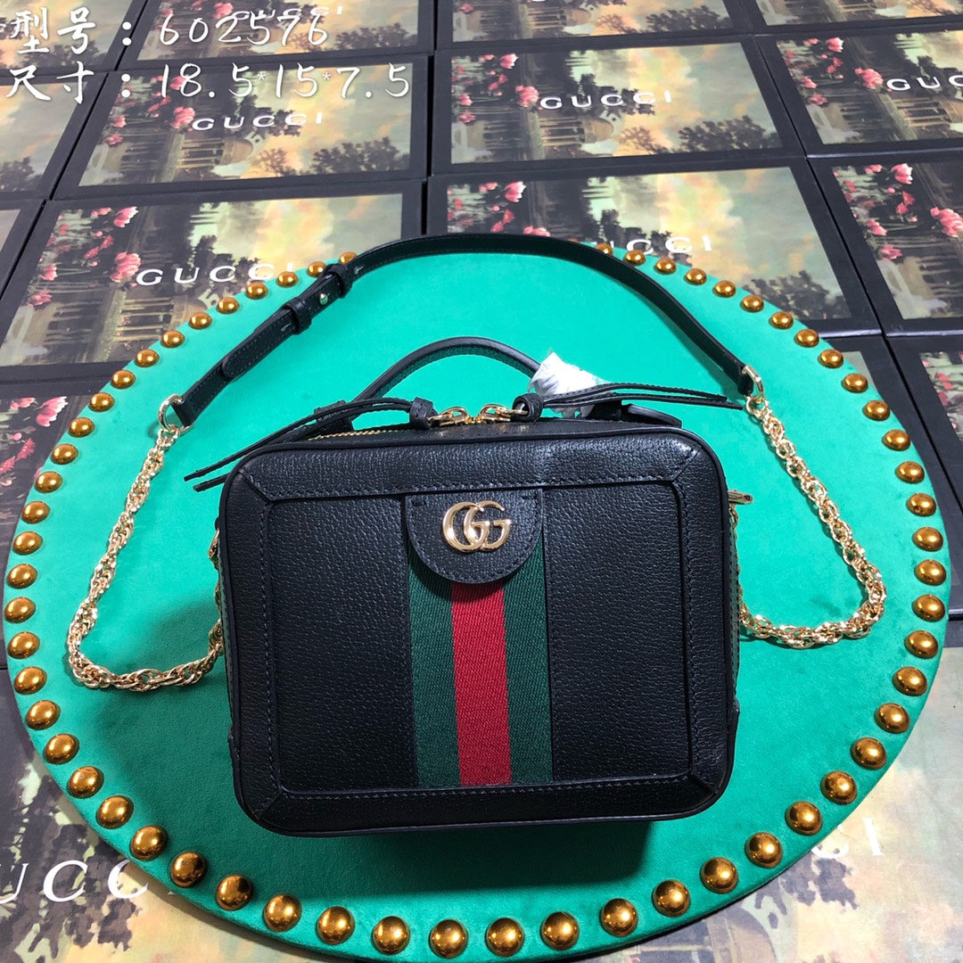 Gucci Ophidia Small Black Leather Shoulder Bag with Web Stripe &amp; GG Logo