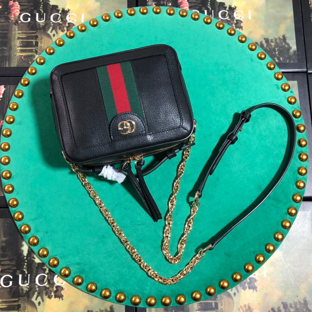 Gucci Ophidia Small Black Leather Shoulder Bag with Web Stripe &amp; GG Logo