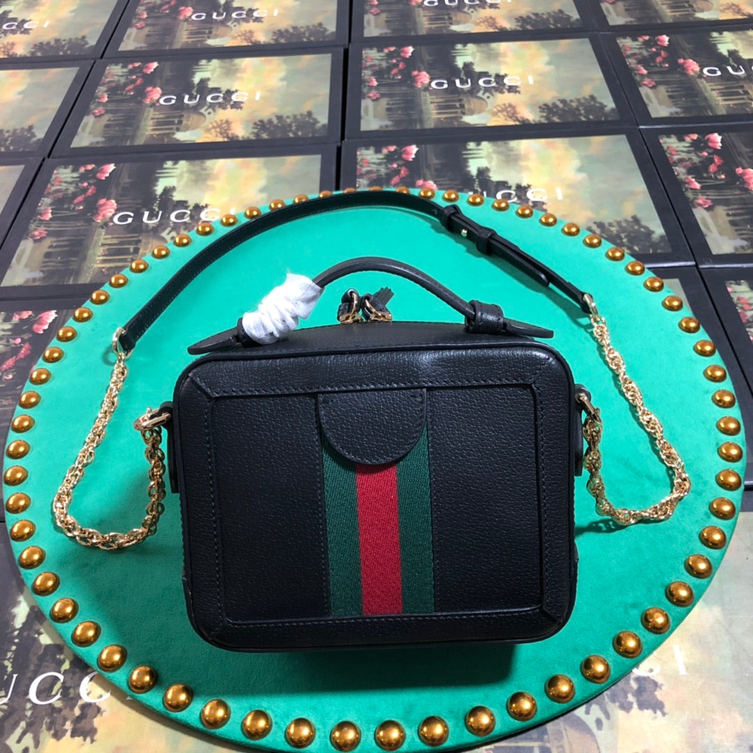 Gucci Ophidia Small Black Leather Shoulder Bag with Web Stripe &amp; GG Logo