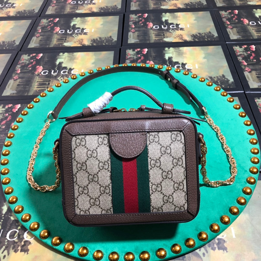 Gucci Ophidia GG Supreme Mini Crossbody Bag with Web Stripe - Brown Leather Trim