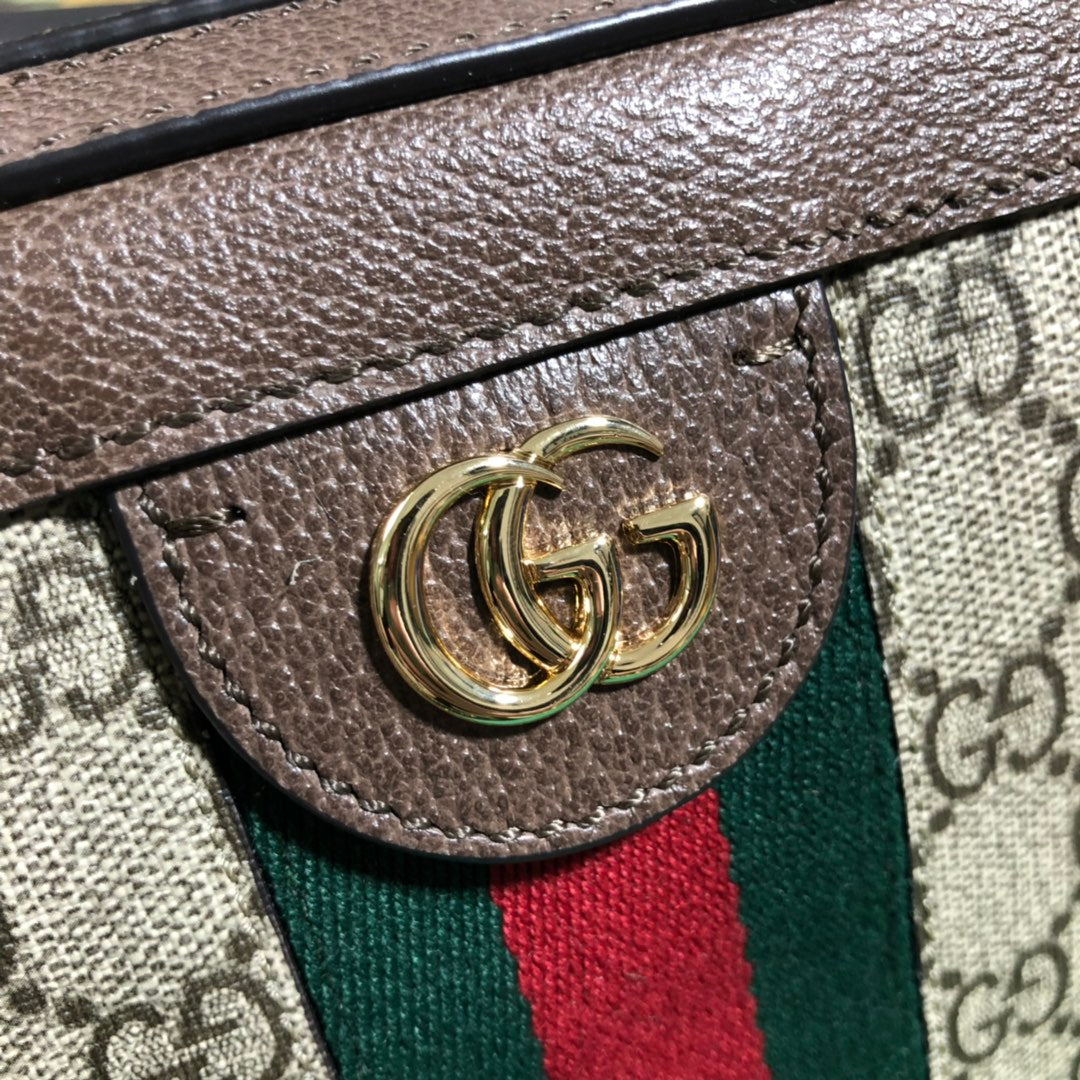 Gucci Ophidia GG Supreme Mini Crossbody Bag with Web Stripe - Brown Leather Trim