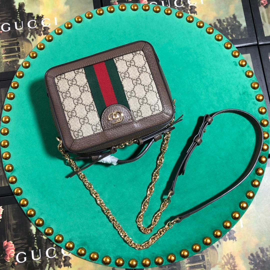 Gucci Ophidia GG Supreme Mini Crossbody Bag with Web Stripe - Brown Leather Trim