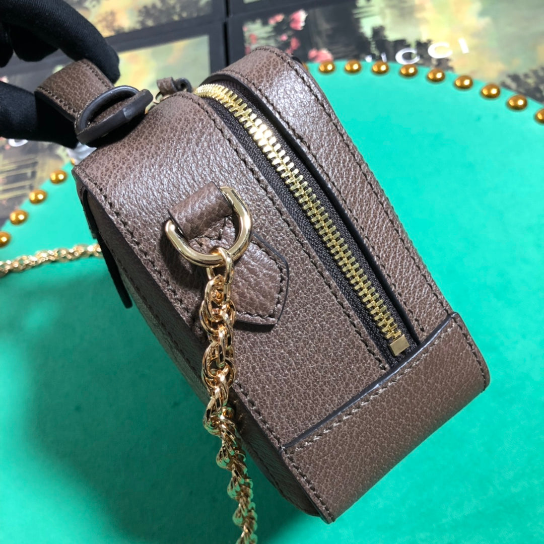 Gucci Ophidia GG Supreme Mini Crossbody Bag with Web Stripe - Brown Leather Trim