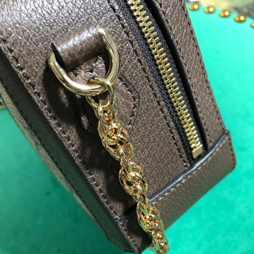 Gucci Ophidia GG Supreme Mini Crossbody Bag with Web Stripe - Brown Leather Trim