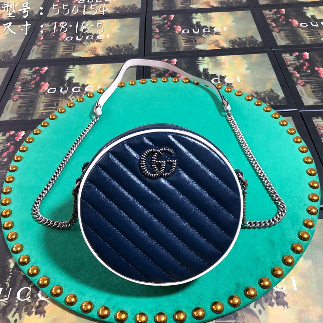 Gucci GG Marmont Round Mini Shoulder Bag - Navy Blue Quilted Leather