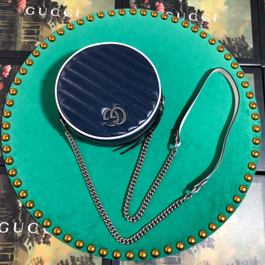 Gucci GG Marmont Round Mini Shoulder Bag - Navy Blue Quilted Leather
