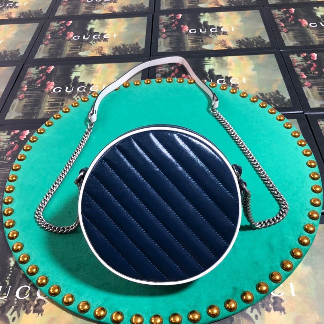 Gucci GG Marmont Round Mini Shoulder Bag - Navy Blue Quilted Leather