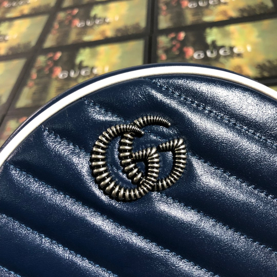 Gucci GG Marmont Round Mini Shoulder Bag - Navy Blue Quilted Leather