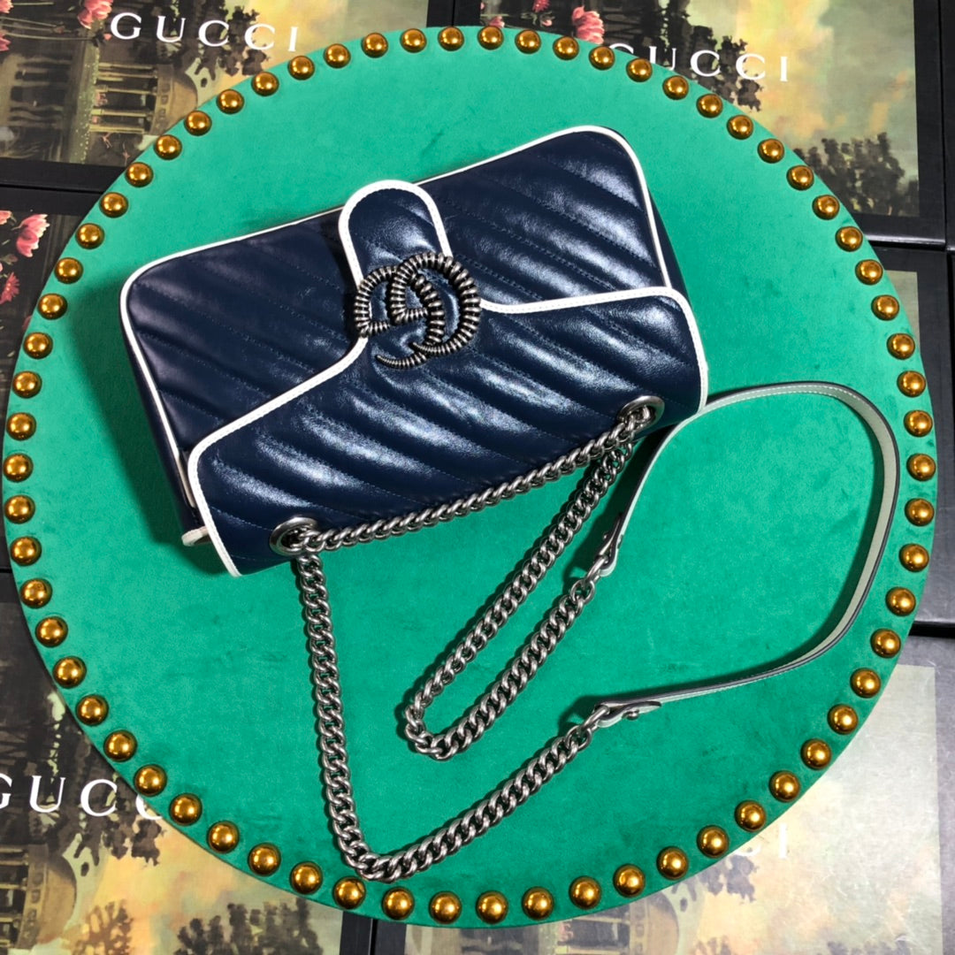Gucci Navy Blue Chevron Quilted Leather Crossbody Bag with White Trim