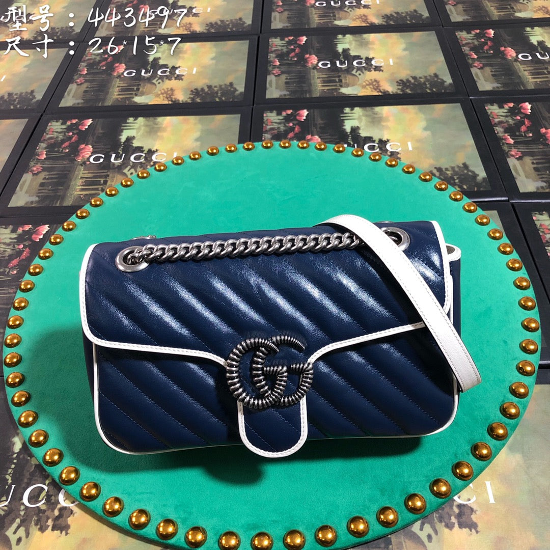 Gucci GG Marmont Small Shoulder Bag - Blue Quilted Leather with White Trim