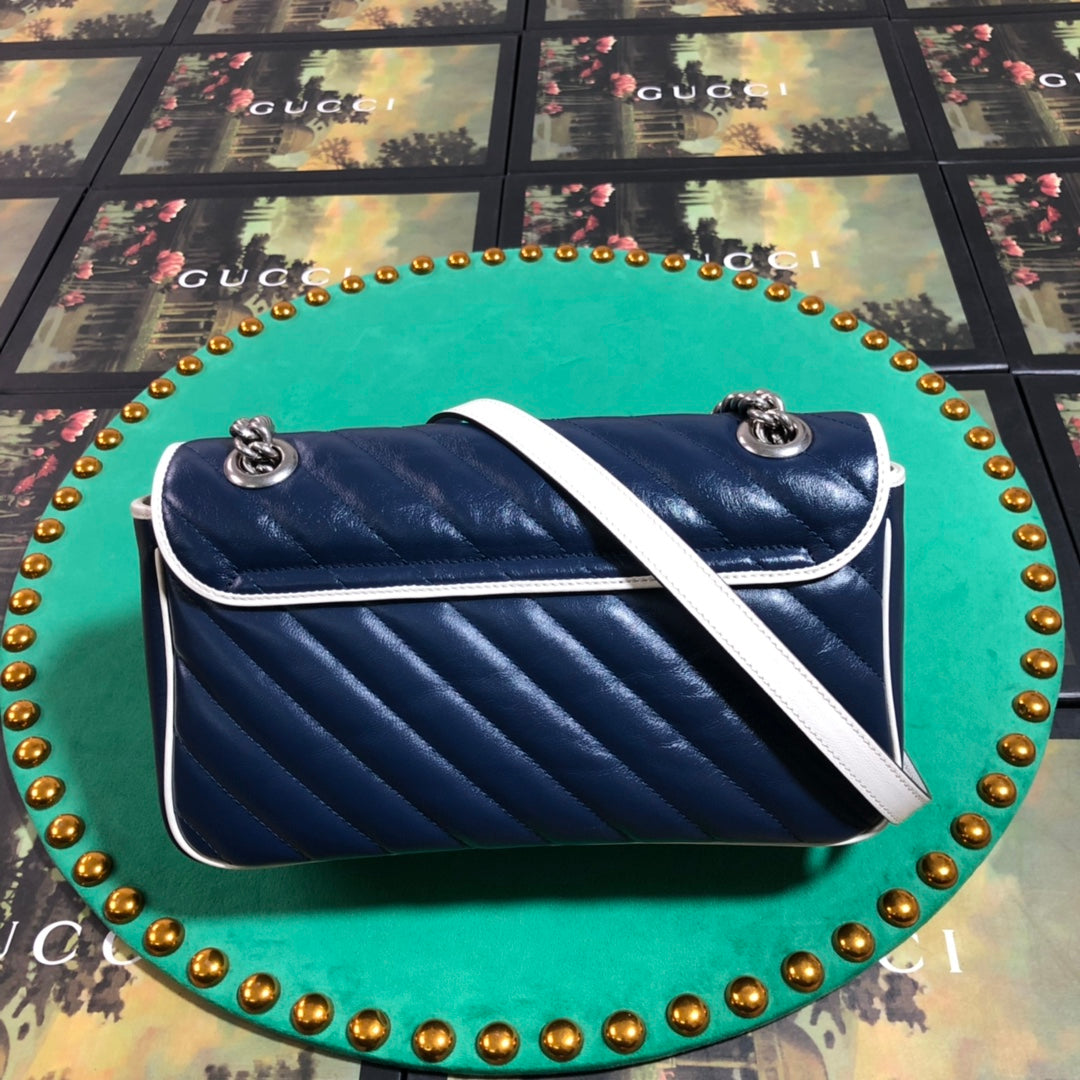 Gucci GG Marmont Small Shoulder Bag - Blue Quilted Leather with White Trim