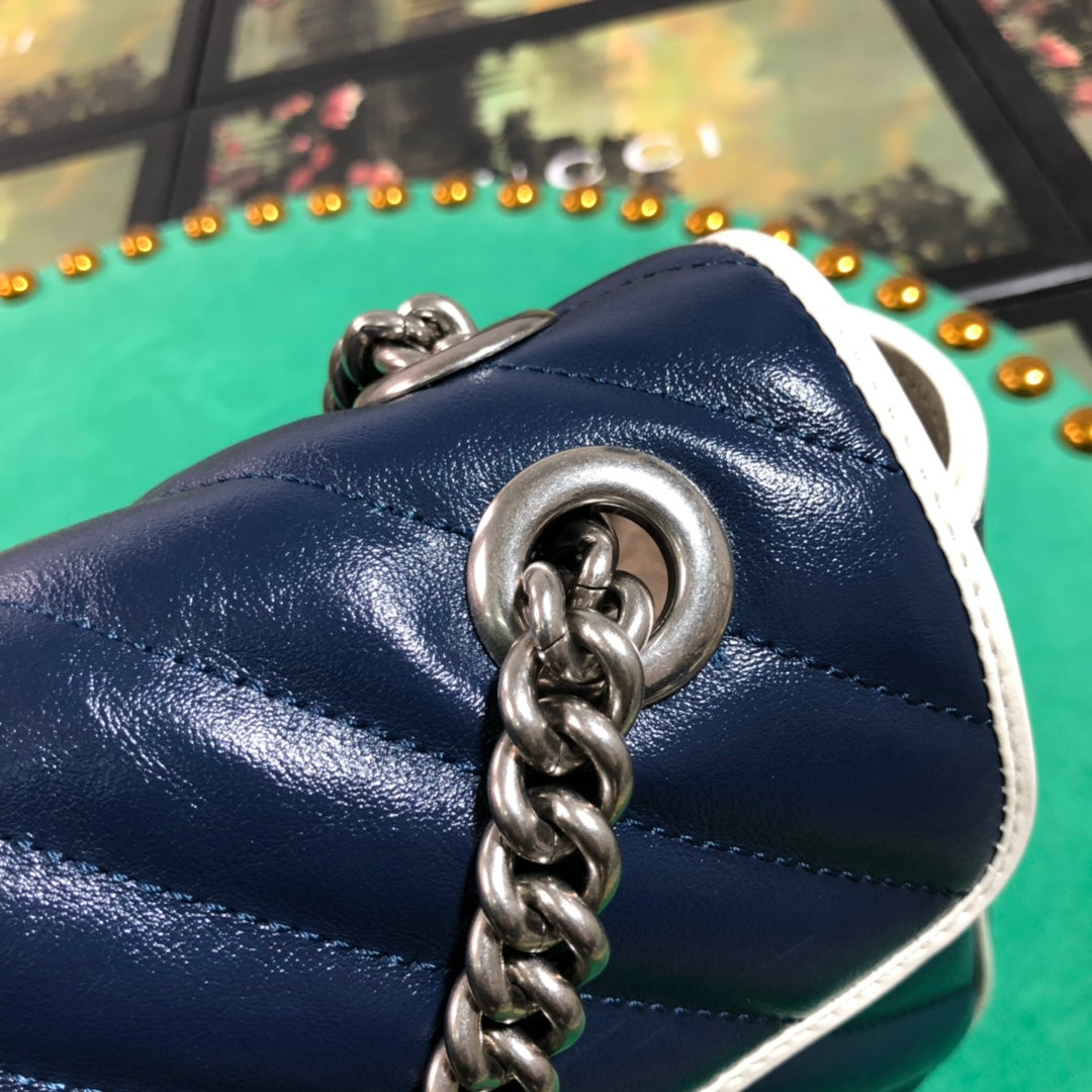 Gucci GG Marmont Small Shoulder Bag - Blue Quilted Leather with White Trim