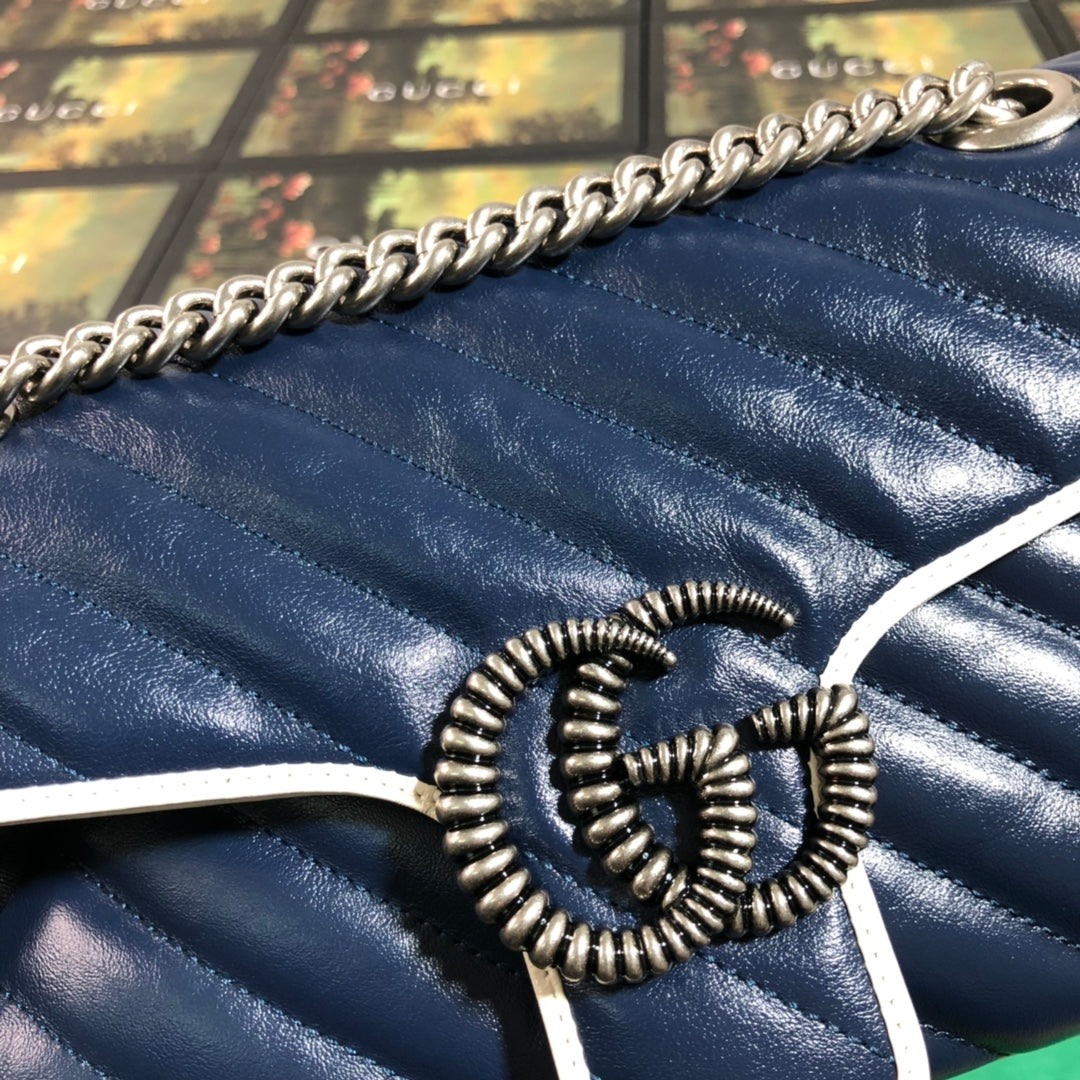 Gucci GG Marmont Small Shoulder Bag - Blue Quilted Leather with White Trim