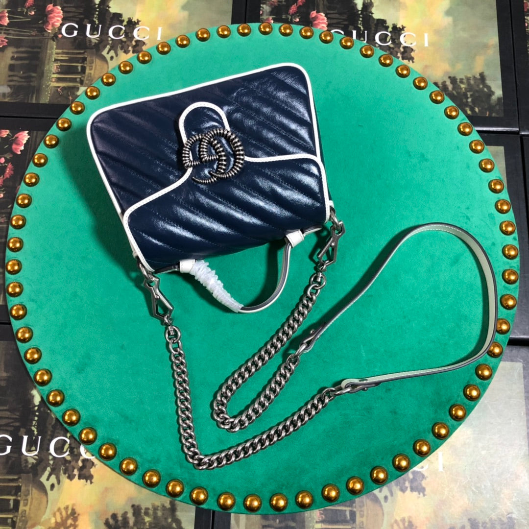 Gucci GG Marmont Small Top Handle Bag - Navy/White Matelassé Leather
